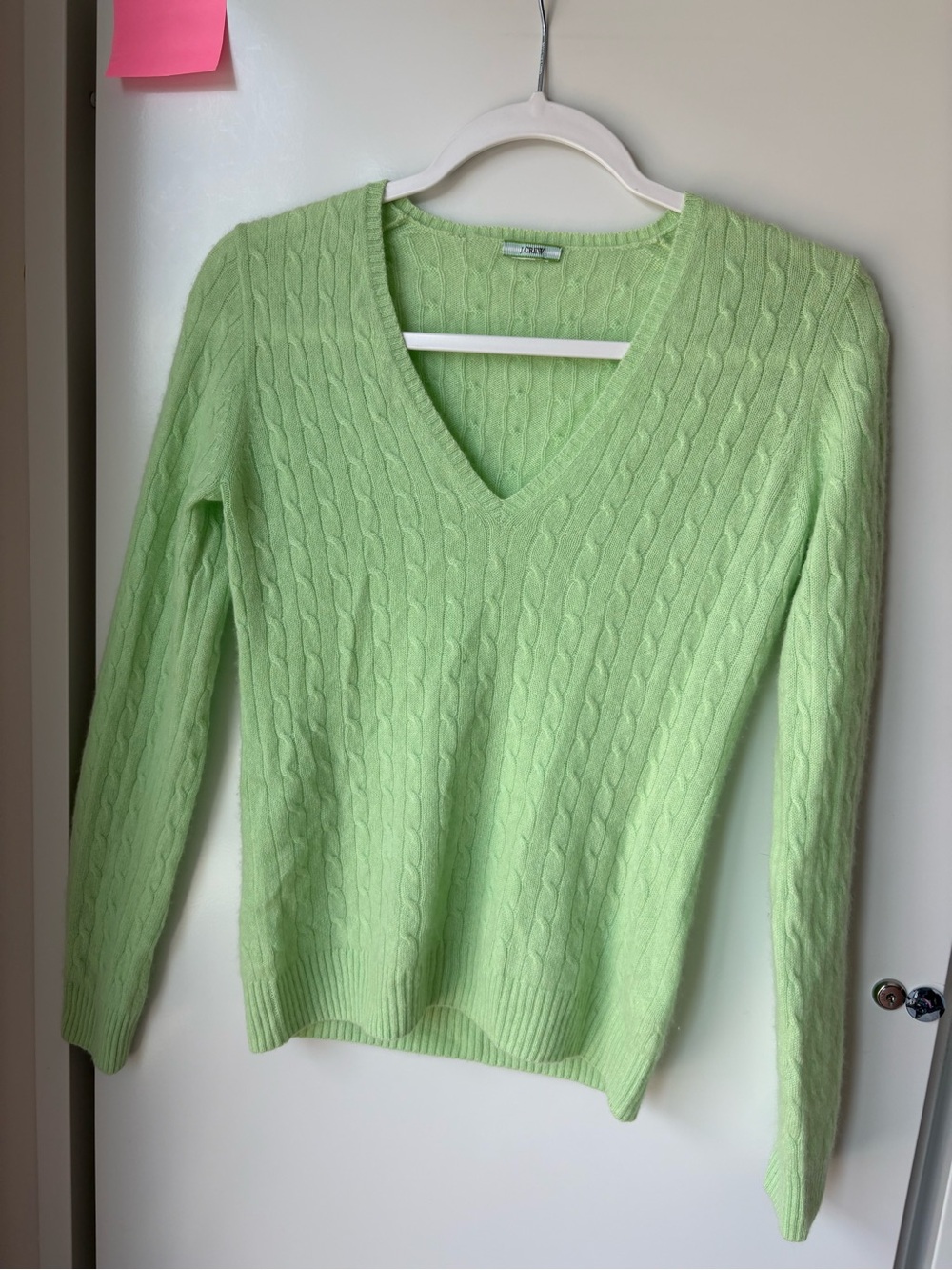 Cashmere J. Crew Light Green Cable-Knit V-Neck Sweater - Women